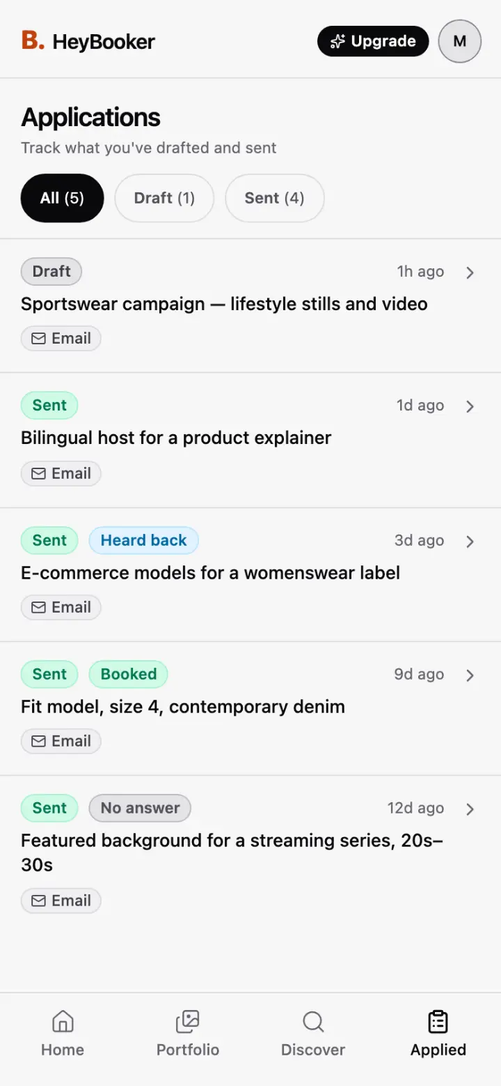 The Applications tab: one draft and four sent applications, marked heard back, booked or no answer.
