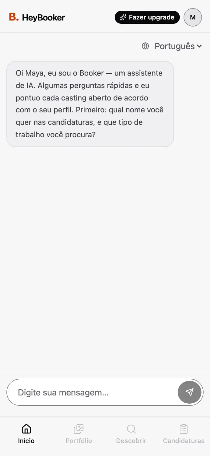 A primeira mensagem do Booker na conversa inicial: ele se apresenta como assistente de IA e pergunta seu nome e o tipo de trabalho que você procura.