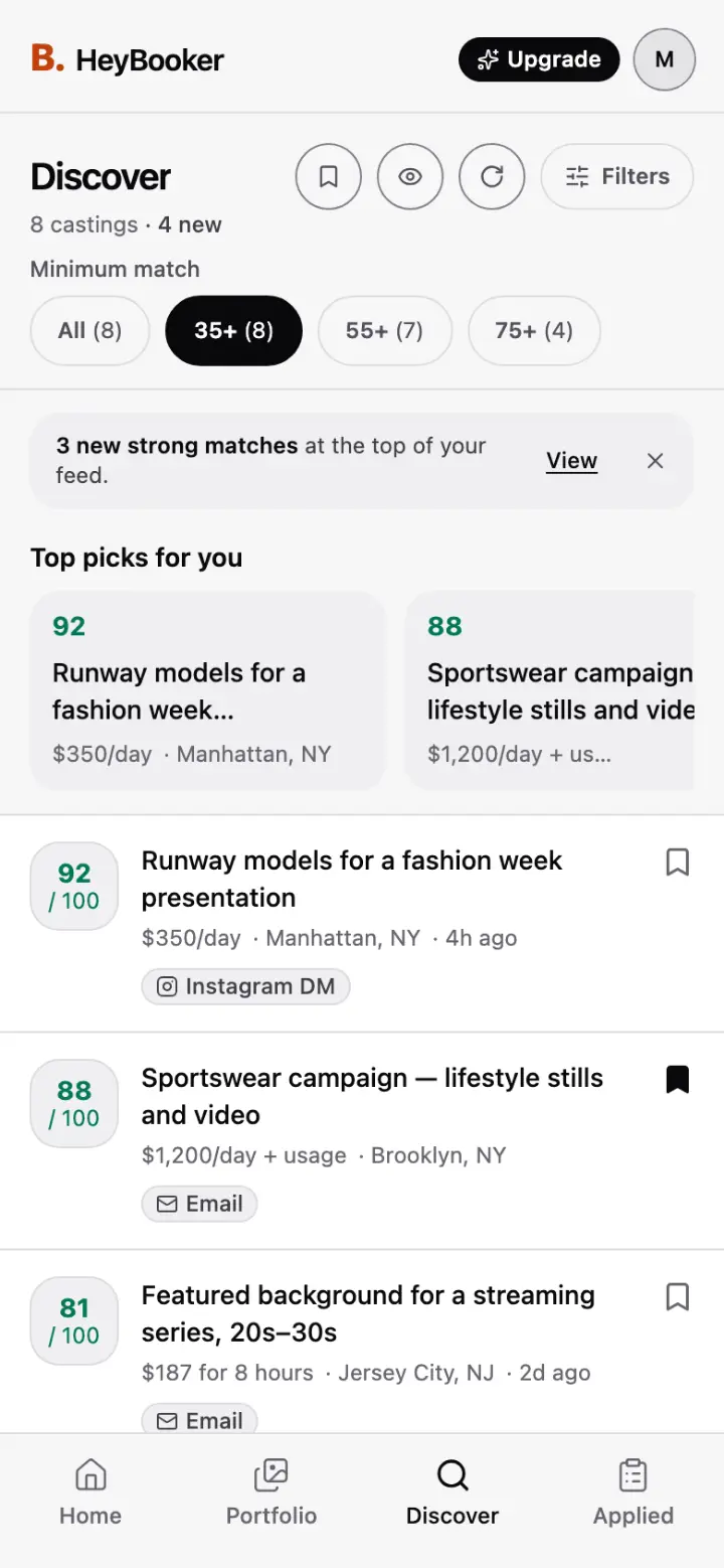 The Discover feed in the HeyBooker app: eight castings ranked by match score, led by a runway casting at 92 out of 100 and a sportswear campaign at 88, each with pay, city and how to apply.