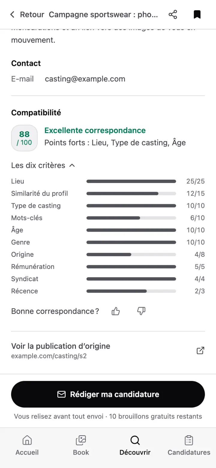 La section Compatibilité d’un casting : 88 sur 100, « excellente correspondance », avec les dix critères détaillés, du lieu (25 sur 25) à la récence.